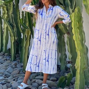 Vilagallo Linen Tie-Dye Blue & White Buttondown Midi Shirt Dress